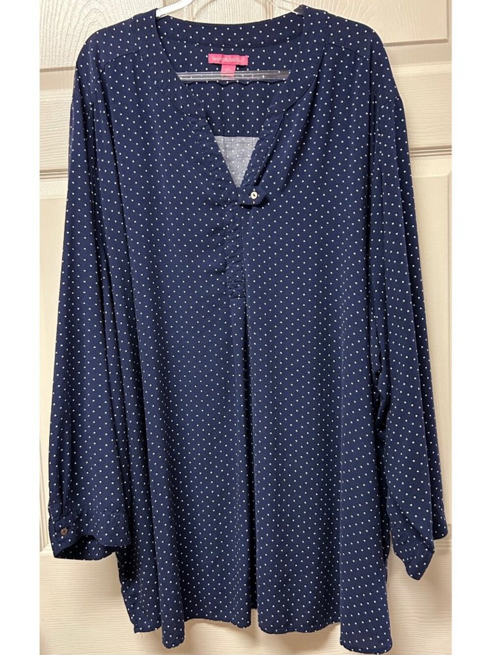 Women's Woman Within Navy Polka Dot 3/4 Sleeve Blouse 5X Rayon Split Neck